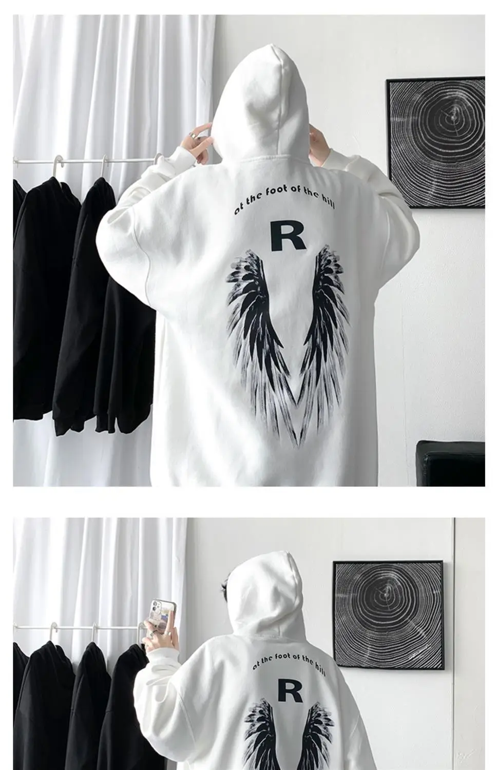 Men Winter Hoodie White Wings Print Fleece Lined — feature 12