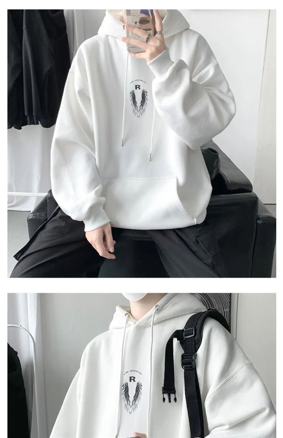 Men Winter Hoodie White Wings Print Fleece Lined — feature 14