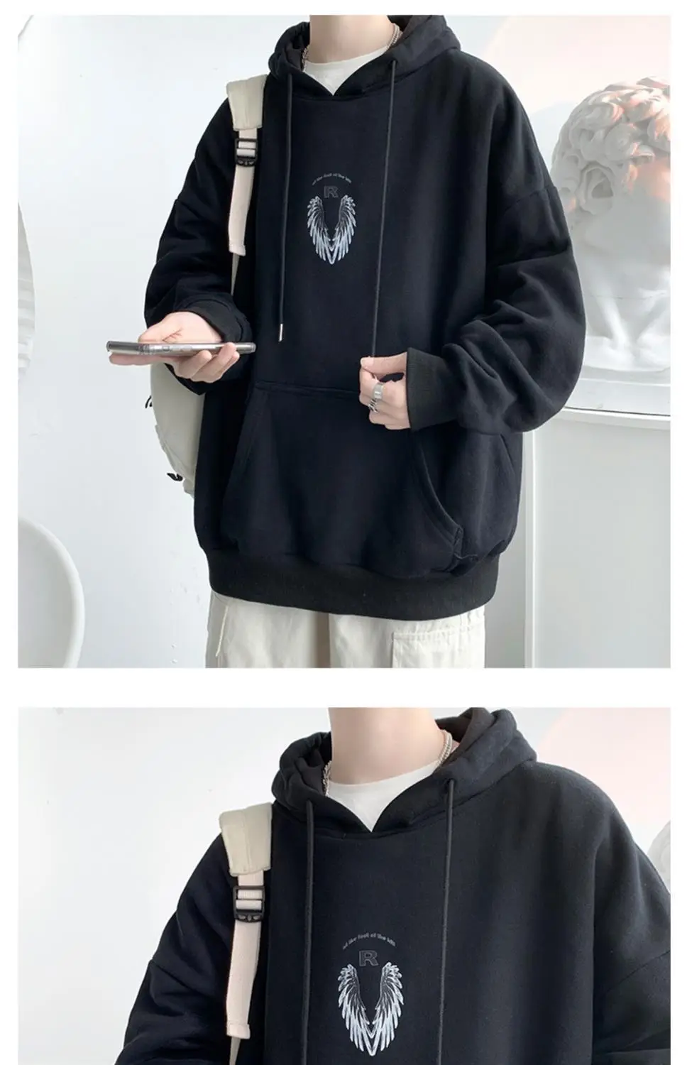 Men Winter Hoodie White Wings Print Fleece Lined — feature 16