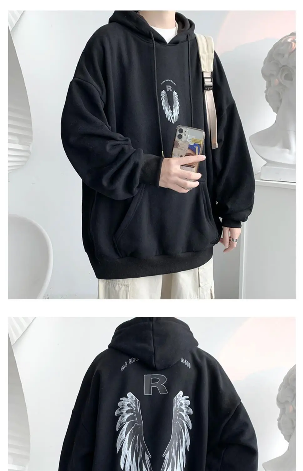 Men Winter Hoodie White Wings Print Fleece Lined — feature 18