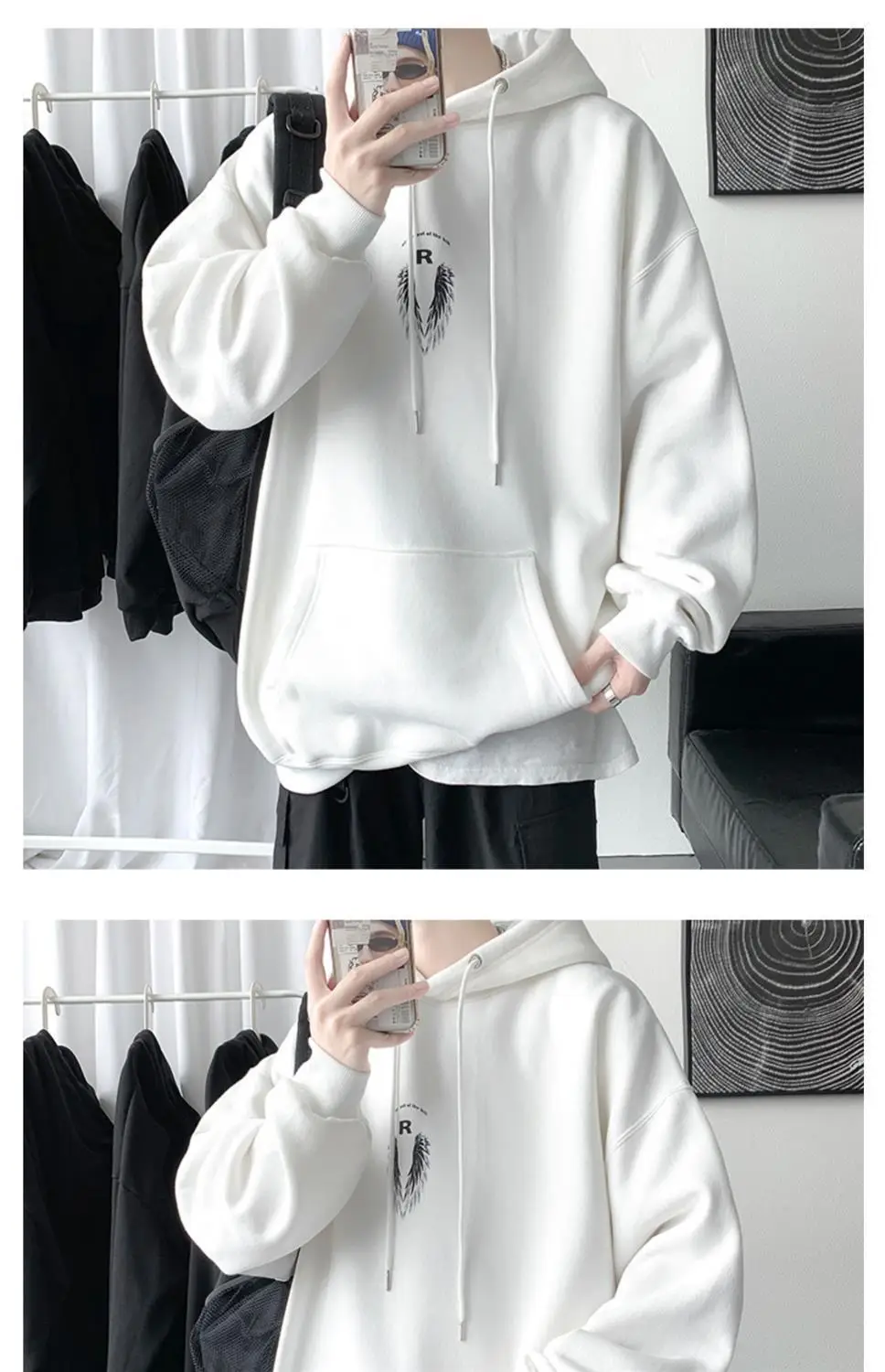 Men Winter Hoodie White Wings Print Fleece Lined — feature 4