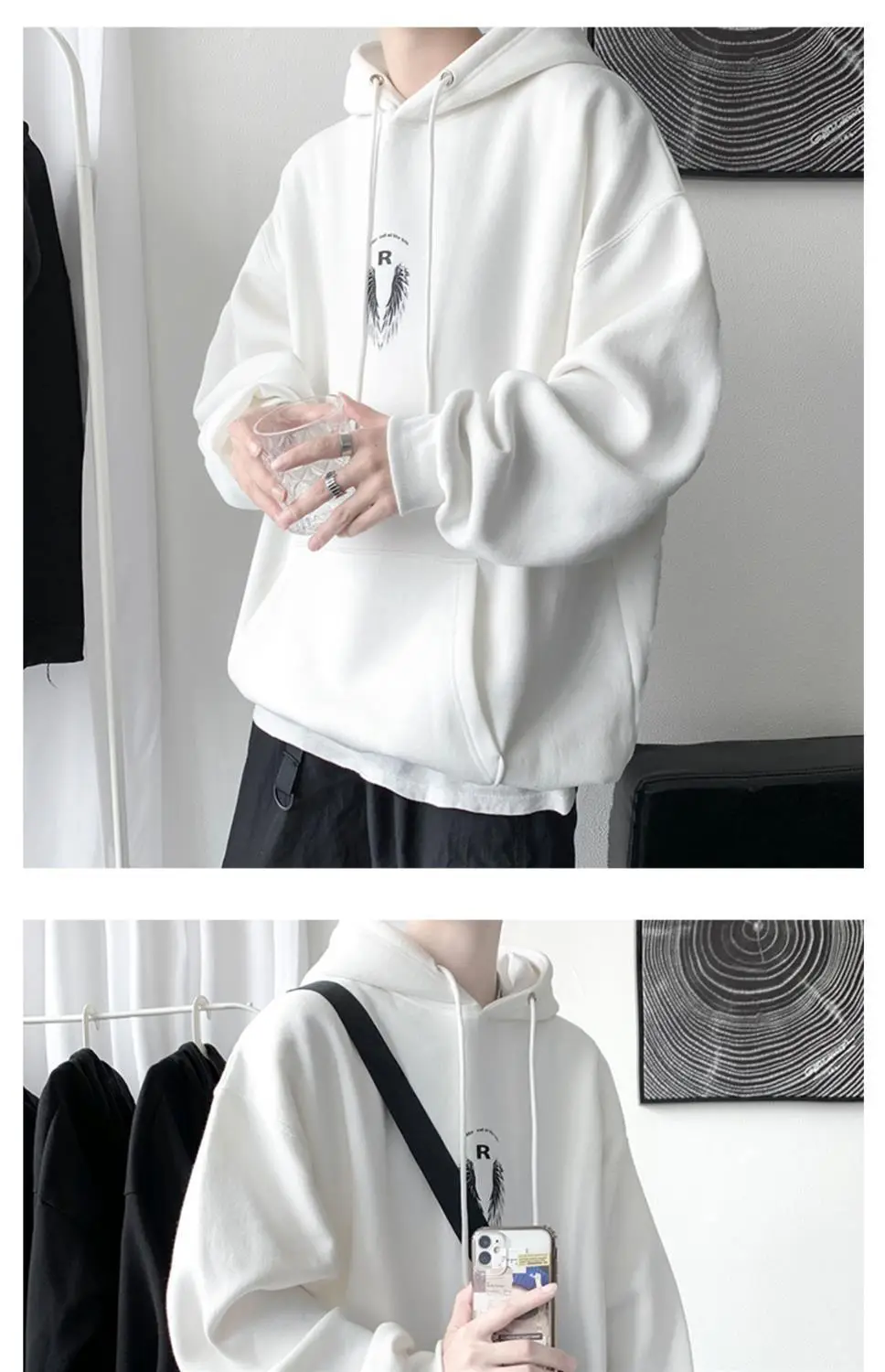 Men Winter Hoodie White Wings Print Fleece Lined — feature 6