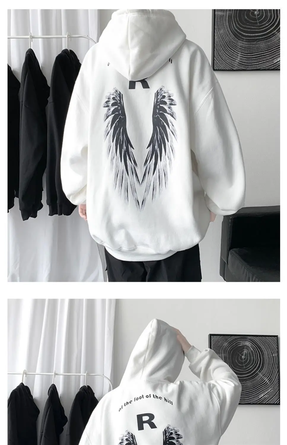 Men Winter Hoodie White Wings Print Fleece Lined — feature 8
