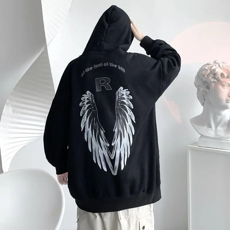 Men Winter Hoodie White Wings Print Fleece Lined - Image 2