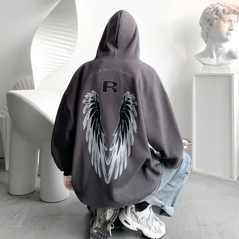 Men Winter Hoodie White Wings Print Fleece Lined - Image 3