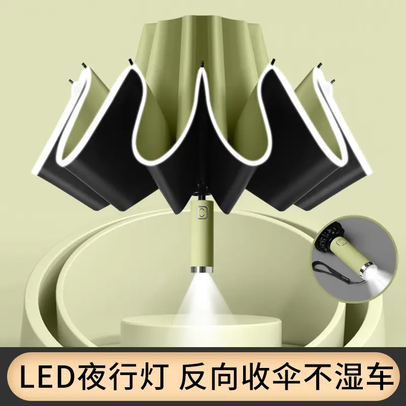 10-Bone Folding Umbrella with LED Flashlight Black