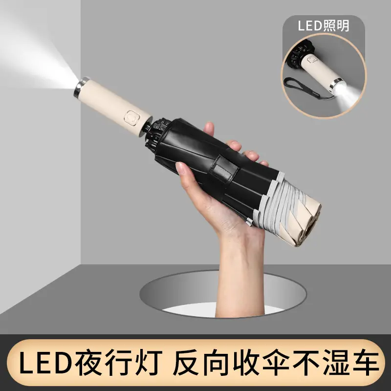 10-Bone Folding Umbrella with LED Flashlight Black