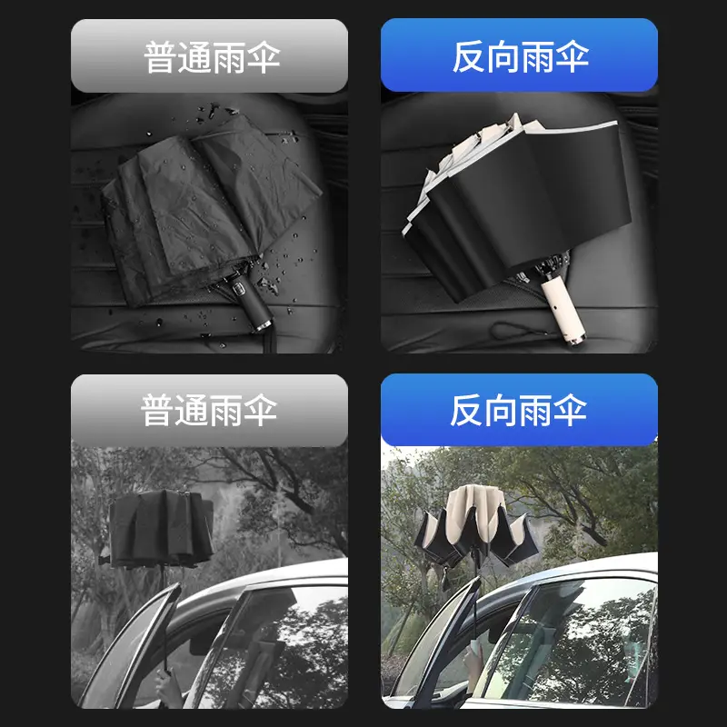 10-Bone Folding Umbrella with LED Flashlight Black