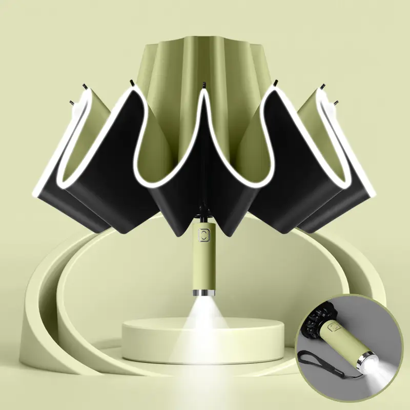10-Bone Folding Umbrella with LED Flashlight Black