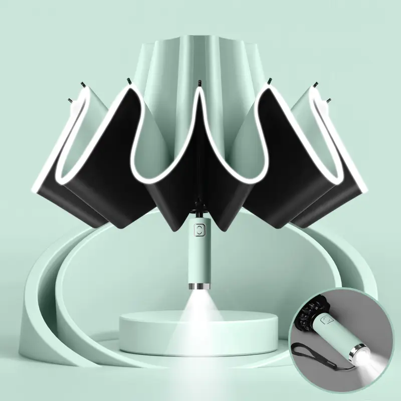 10-Bone Folding Umbrella with LED Flashlight Black