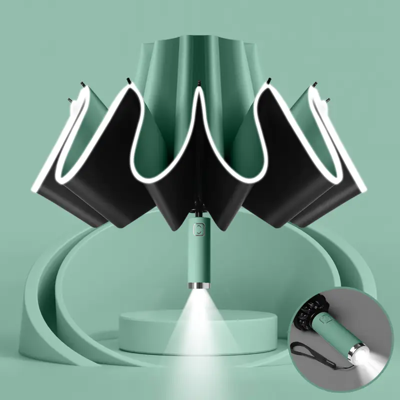 10-Bone Folding Umbrella with LED Flashlight Black