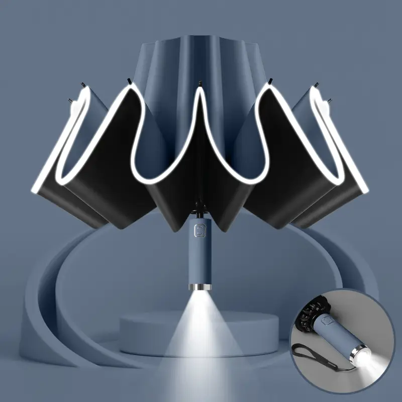 10-Bone Folding Umbrella with LED Flashlight Black