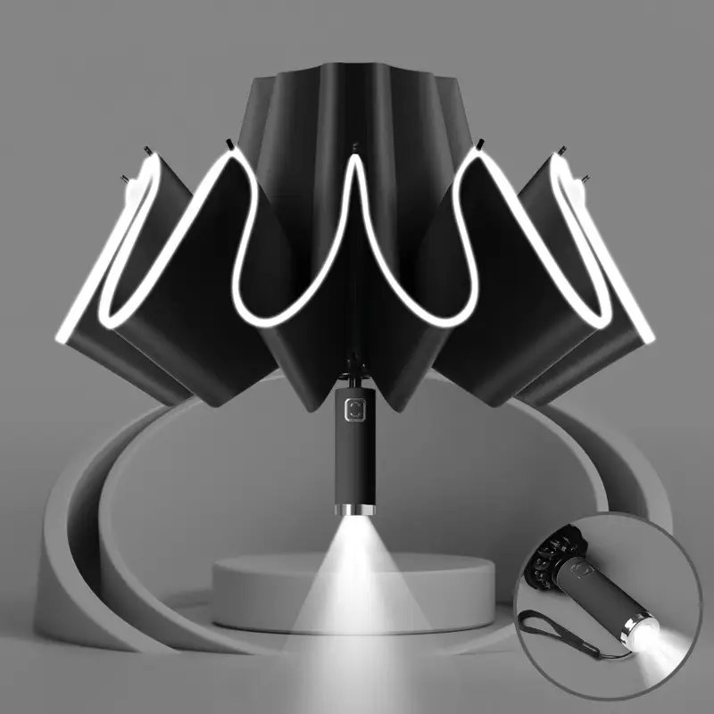 10-Bone Folding Umbrella with LED Flashlight Black