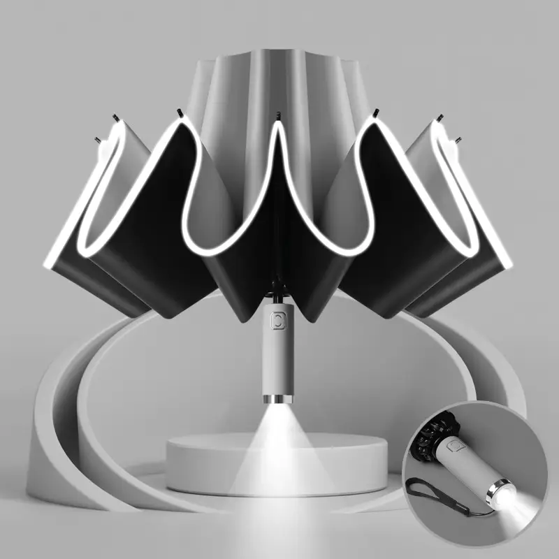 10-Bone Folding Umbrella with LED Flashlight Black