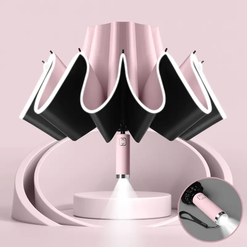 10-Bone Folding Umbrella with LED Flashlight Black