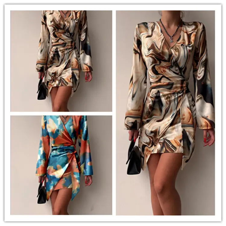 Women V-Neck Skirt Dress 2023 Autumn Light Print