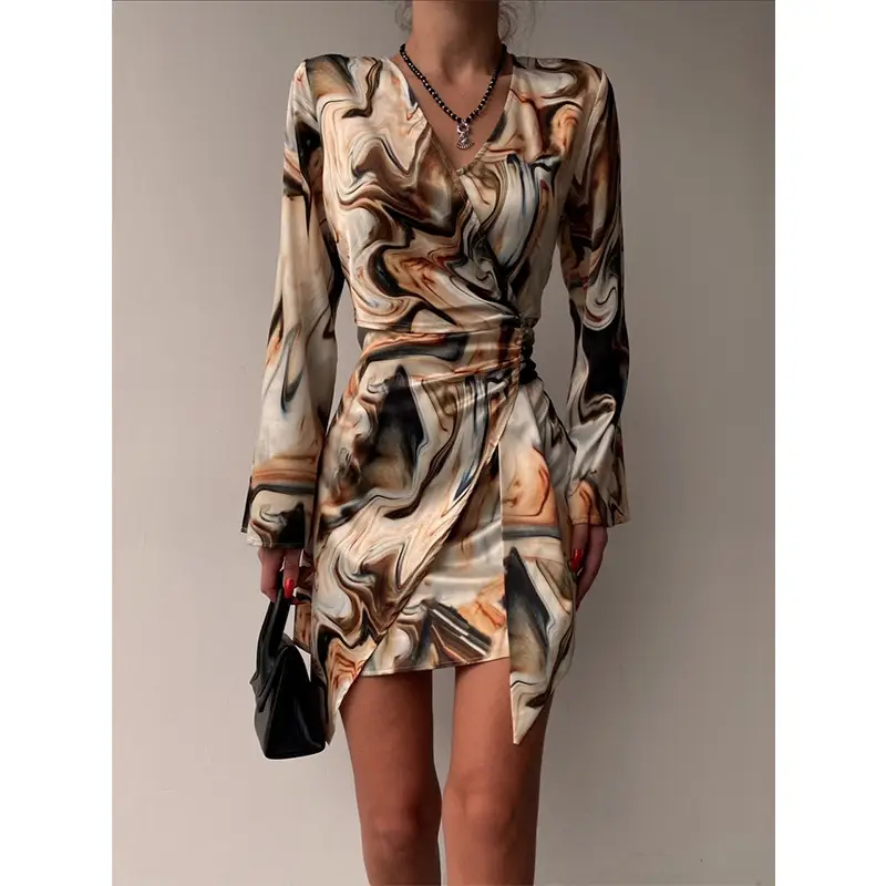 Women V-Neck Skirt Dress 2023 Autumn Light Print