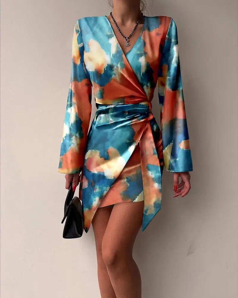 Women V-Neck Skirt Dress 2023 Autumn Light Print