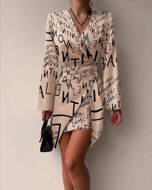 Women V-Neck Skirt Dress 2023 Autumn Light Print