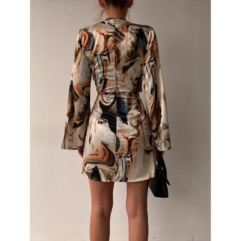 Women V-Neck Skirt Dress 2023 Autumn Light Print