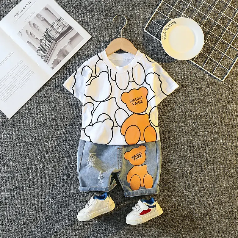 2023 New Summer Boys Korean T-Shirt Suit Blue Shorts - Image 3