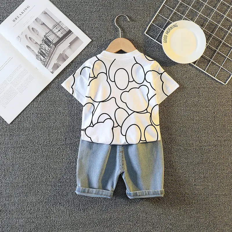 2023 New Summer Boys Korean T-Shirt Suit Blue Shorts - Image 4