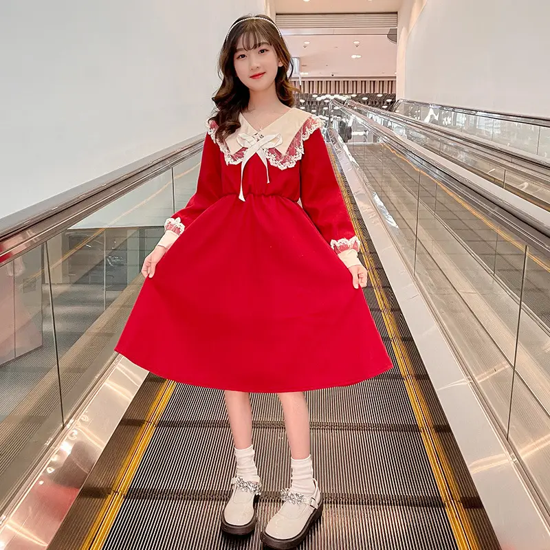 Girls Red Princess Skirt Dress Spring Autumn Long Sleeve - Image 3