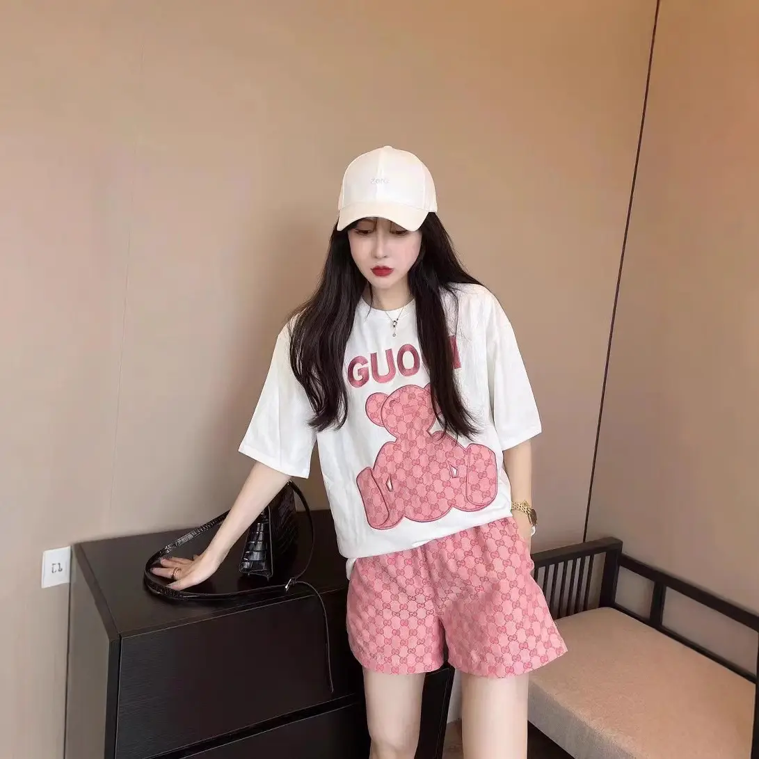 Women 2022 Summer Print T-Shirt Shorts Set White Pink - Image 6