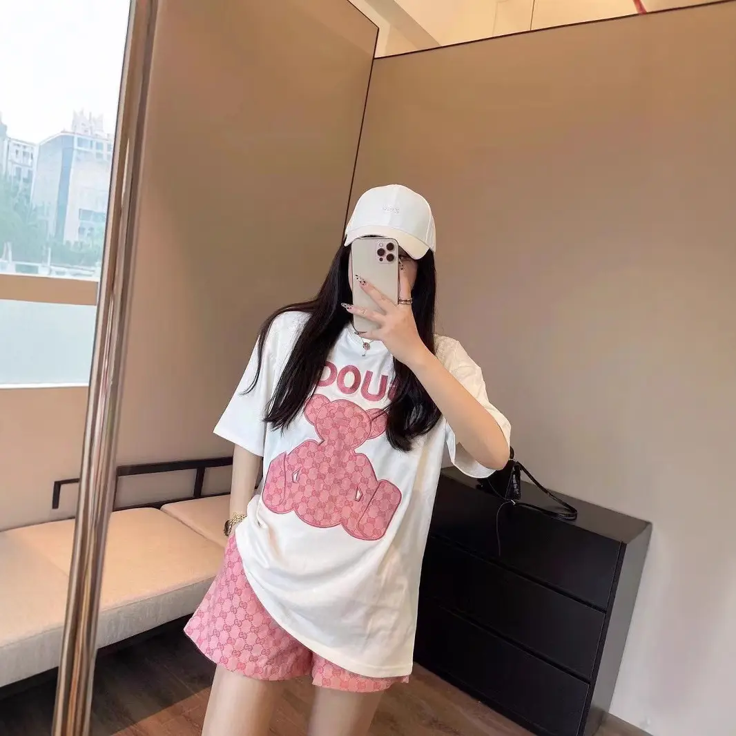 Women 2022 Summer Print T-Shirt Shorts Set White Pink - Image 7