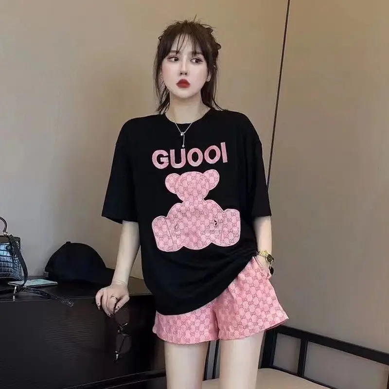 Women 2022 Summer Print T-Shirt Shorts Set White Pink — feature 1