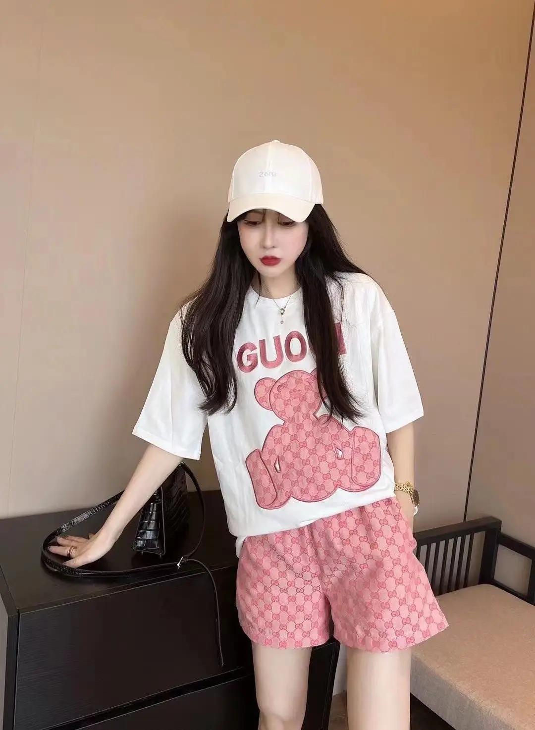 Women 2022 Summer Print T-Shirt Shorts Set White Pink — feature 10