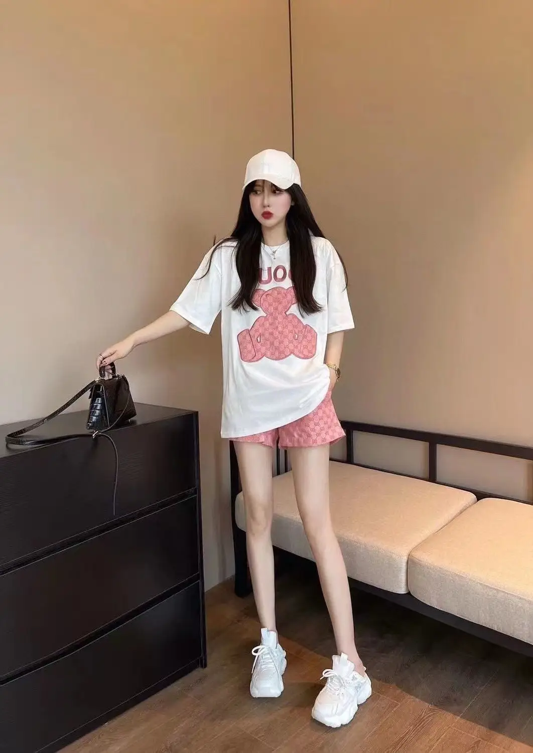 Women 2022 Summer Print T-Shirt Shorts Set White Pink — feature 11
