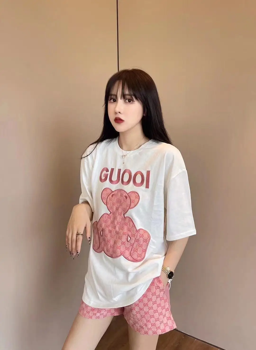 Women 2022 Summer Print T-Shirt Shorts Set White Pink — feature 12