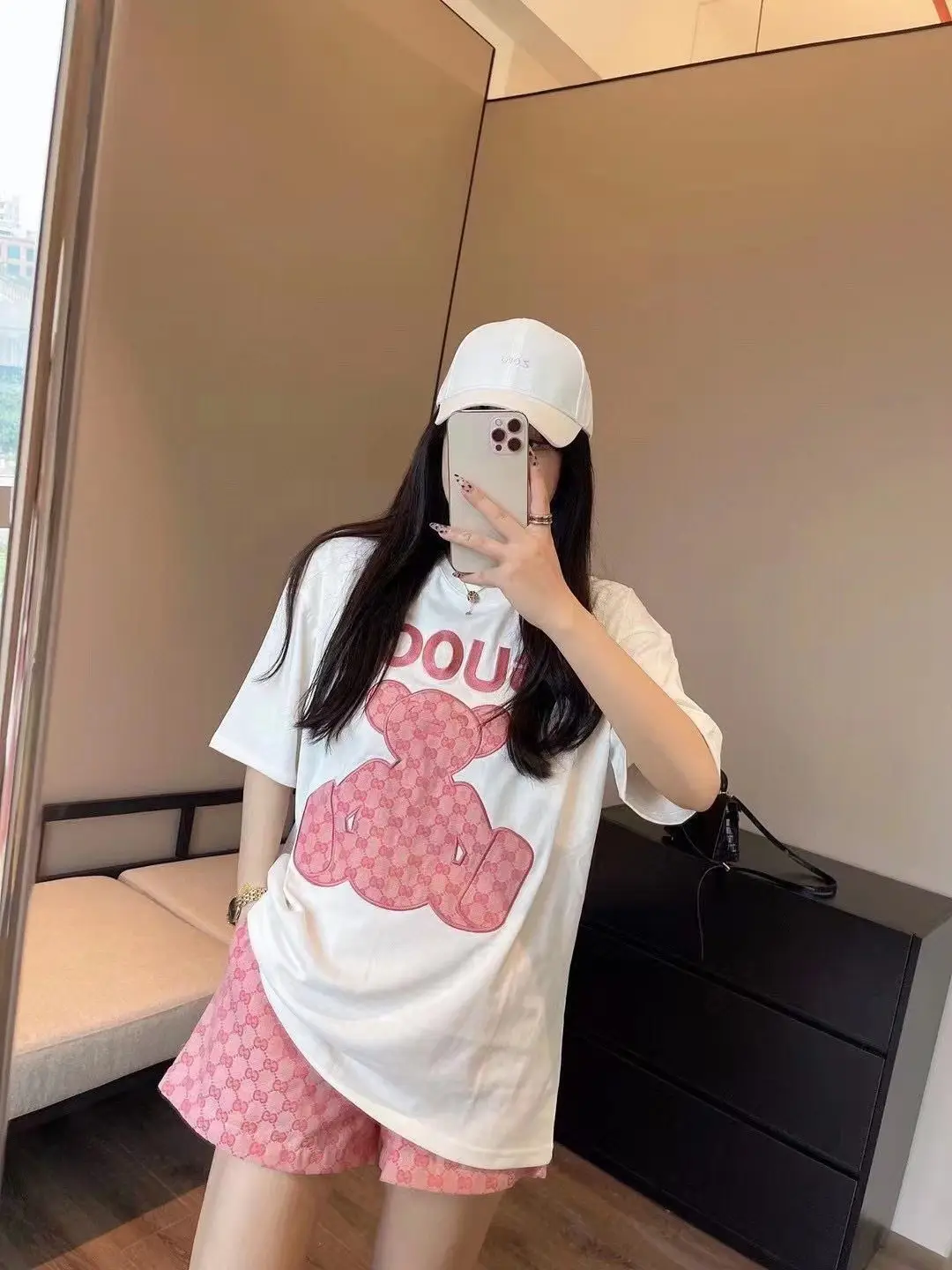 Women 2022 Summer Print T-Shirt Shorts Set White Pink — feature 13
