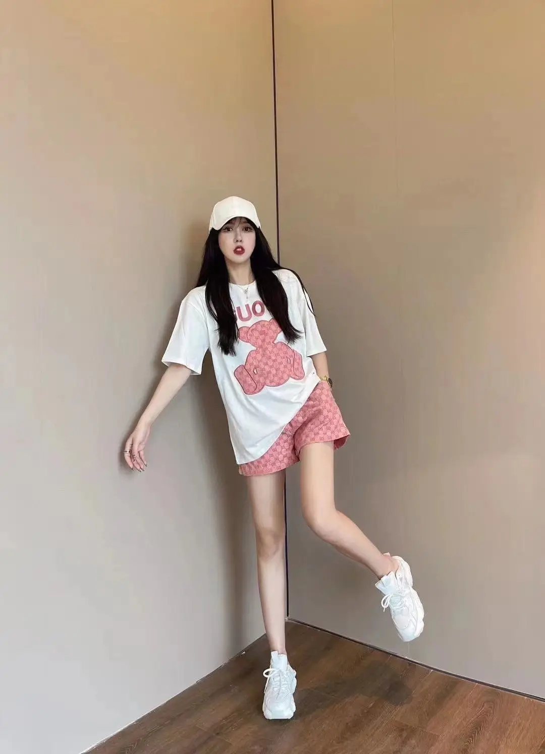 Women 2022 Summer Print T-Shirt Shorts Set White Pink — feature 14