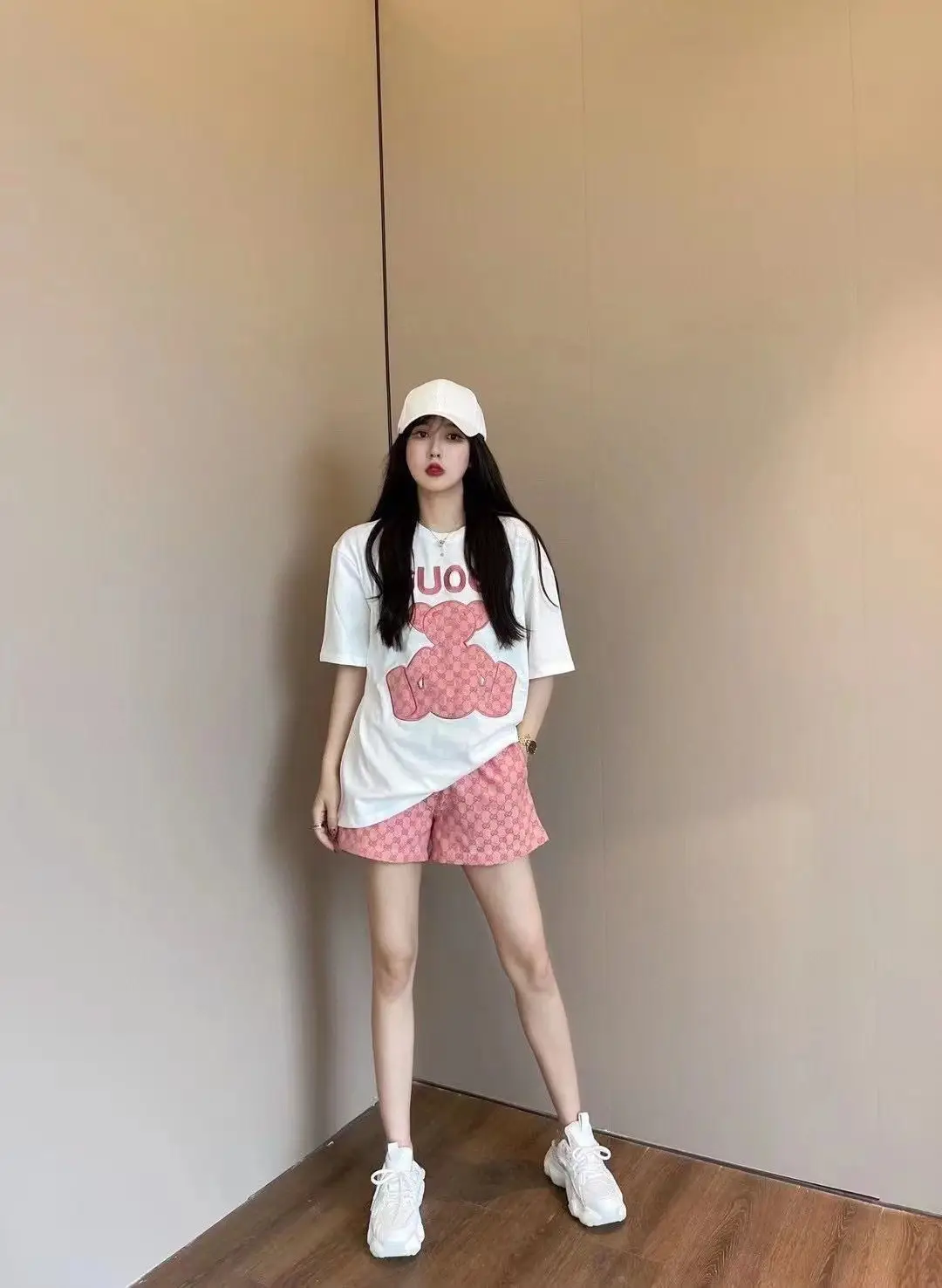 Women 2022 Summer Print T-Shirt Shorts Set White Pink — feature 15