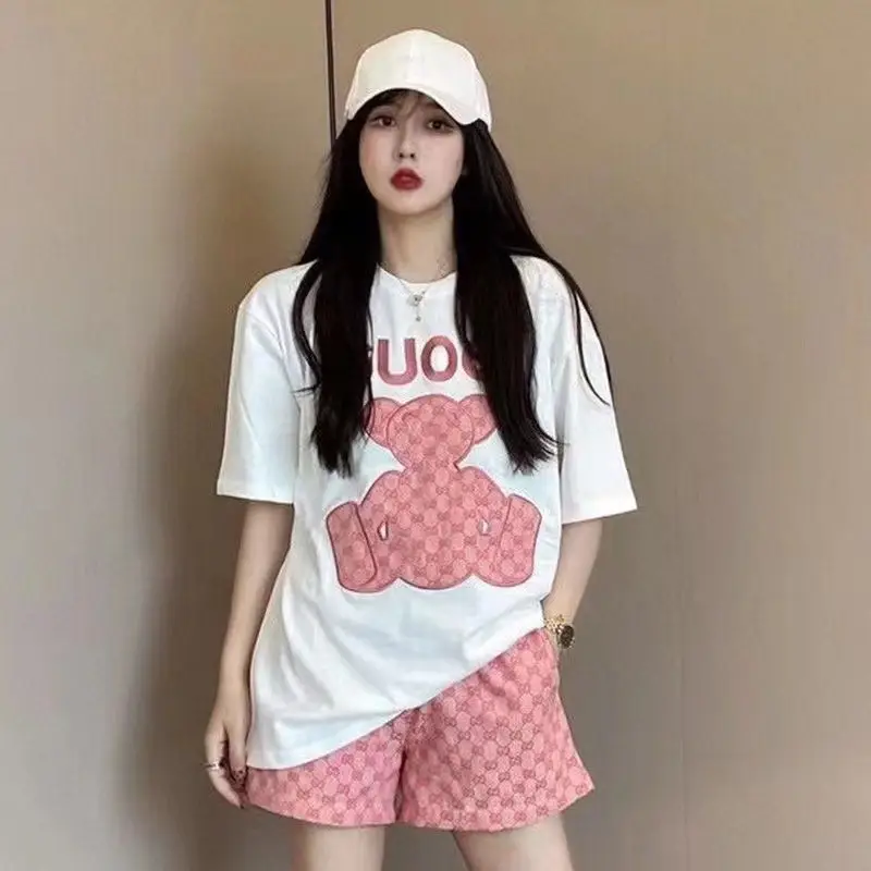 Women 2022 Summer Print T-Shirt Shorts Set White Pink — feature 16