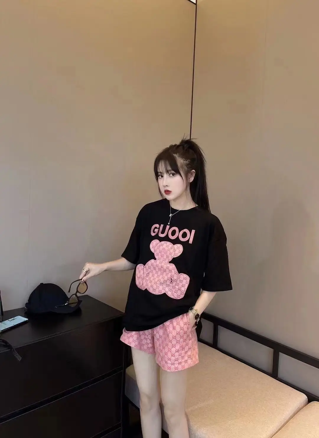 Women 2022 Summer Print T-Shirt Shorts Set White Pink — feature 3
