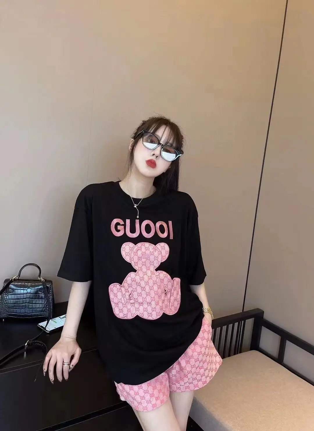Women 2022 Summer Print T-Shirt Shorts Set White Pink — feature 4