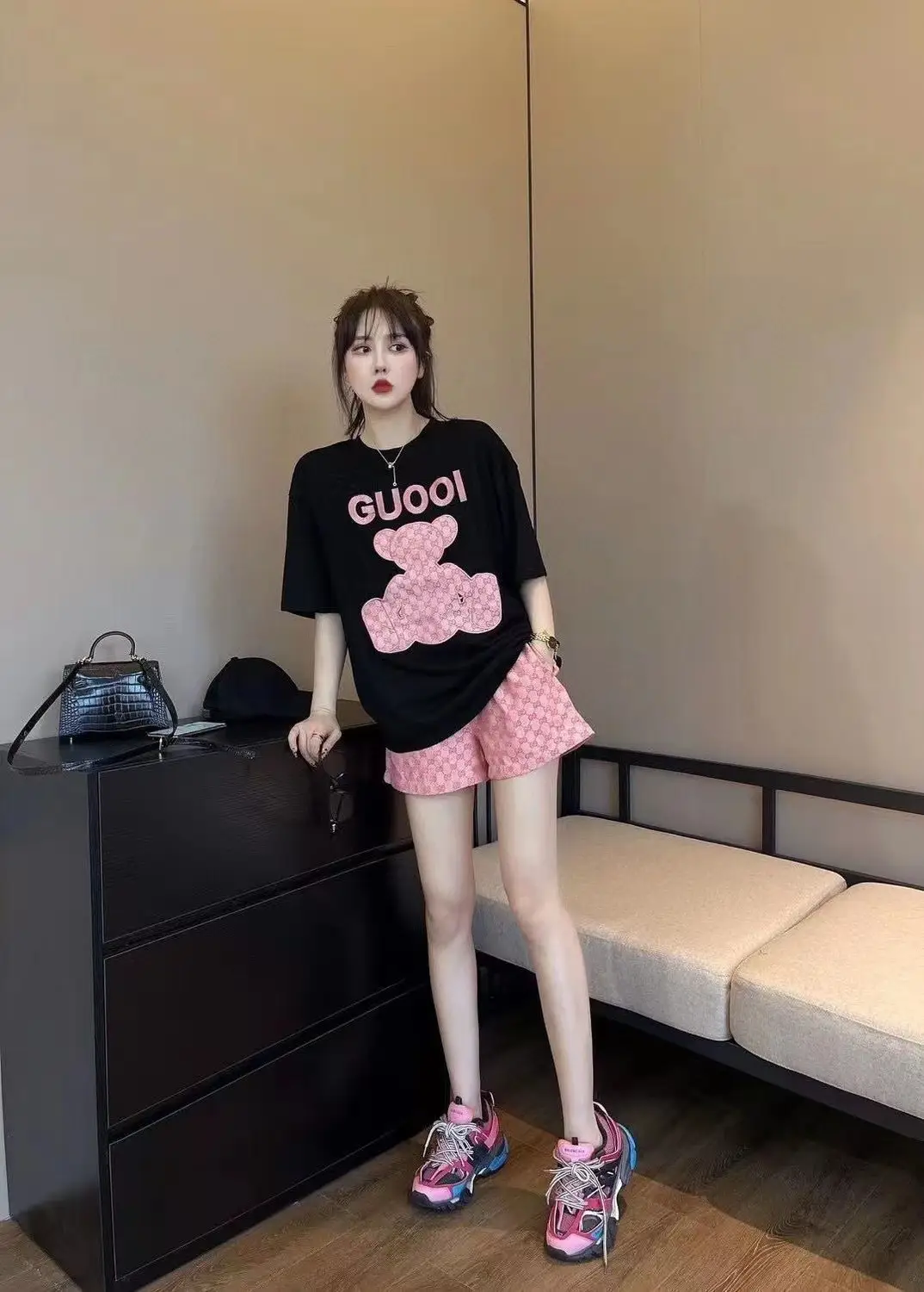 Women 2022 Summer Print T-Shirt Shorts Set White Pink — feature 5