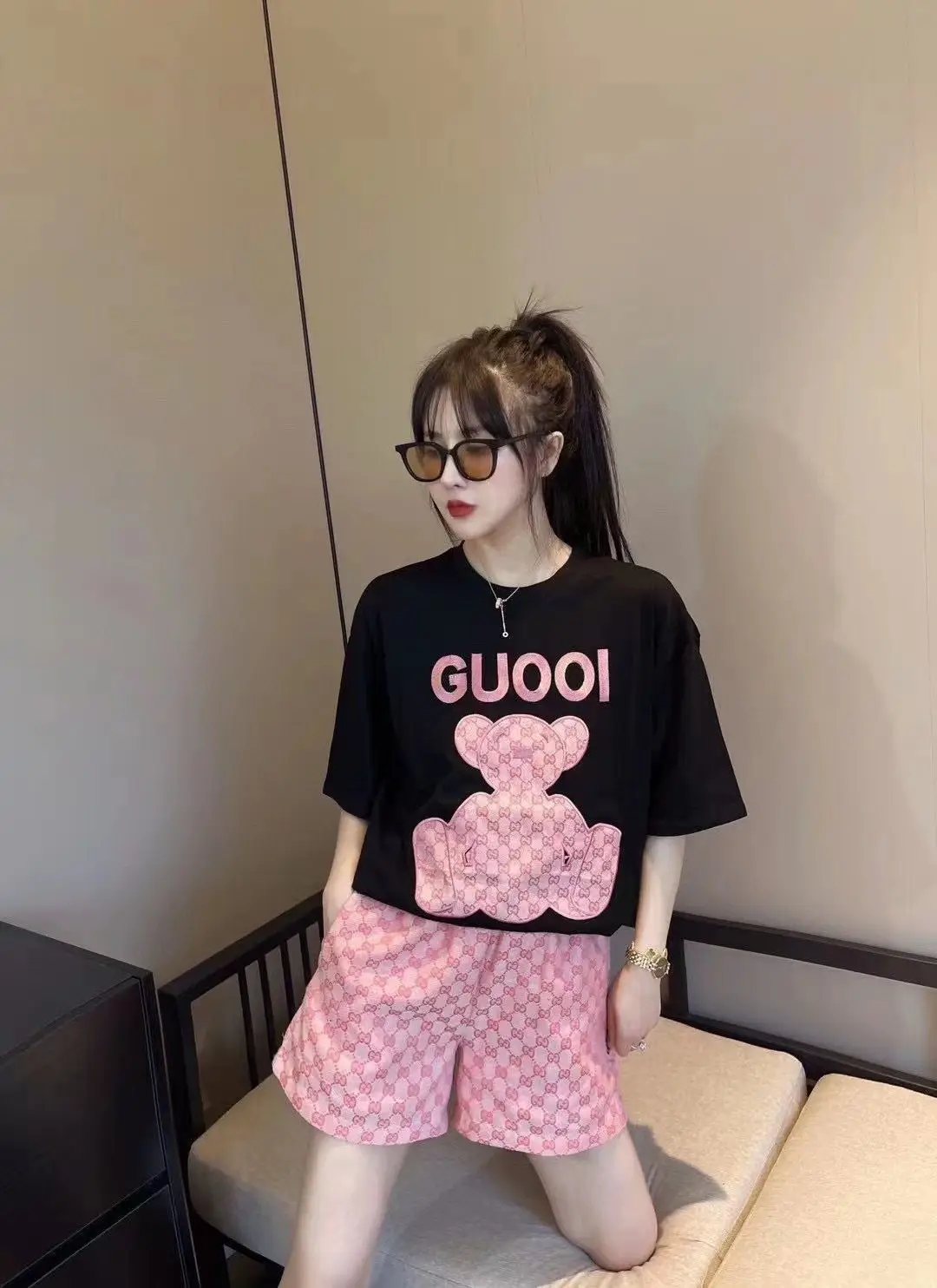 Women 2022 Summer Print T-Shirt Shorts Set White Pink — feature 7