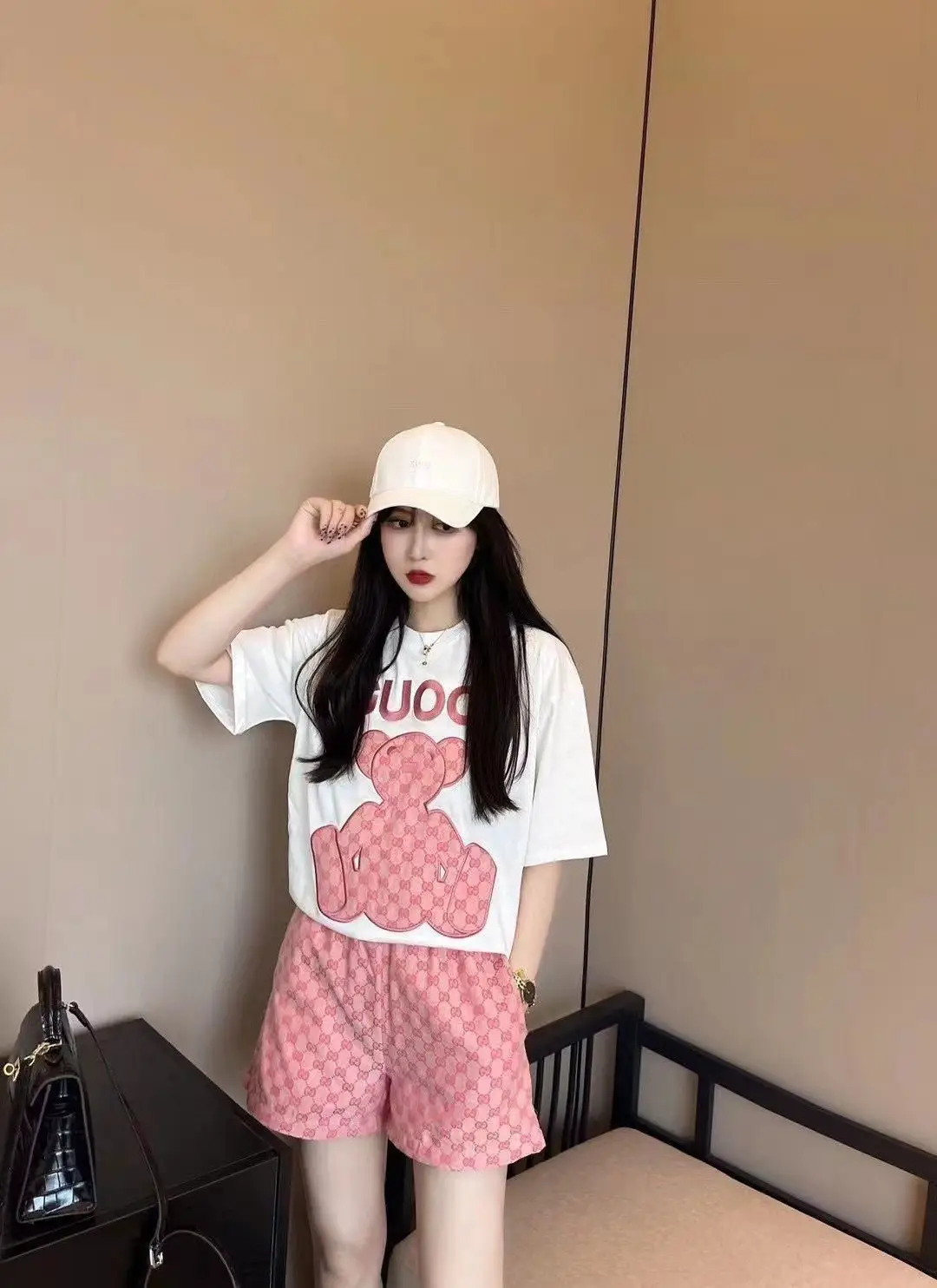 Women 2022 Summer Print T-Shirt Shorts Set White Pink — feature 8