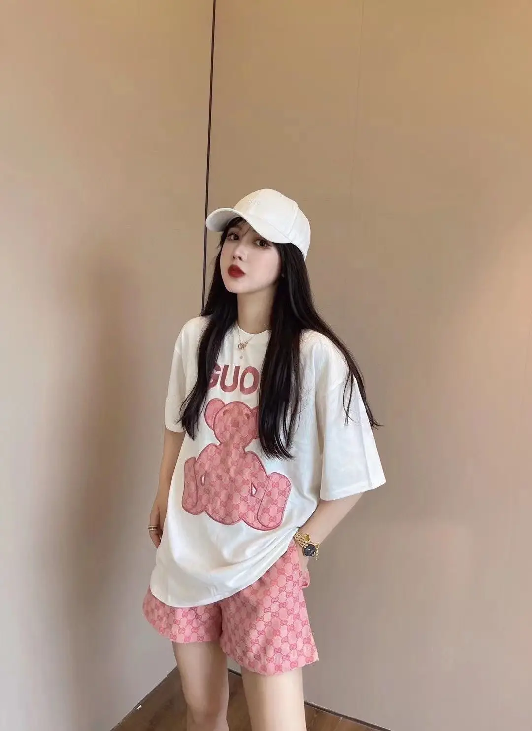Women 2022 Summer Print T-Shirt Shorts Set White Pink — feature 9