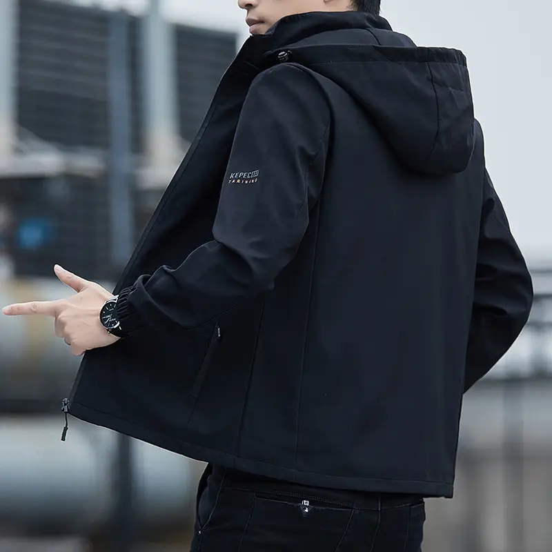 Men's 2023 Hooded Full Zip Jacket Black Korean Style - Image 5