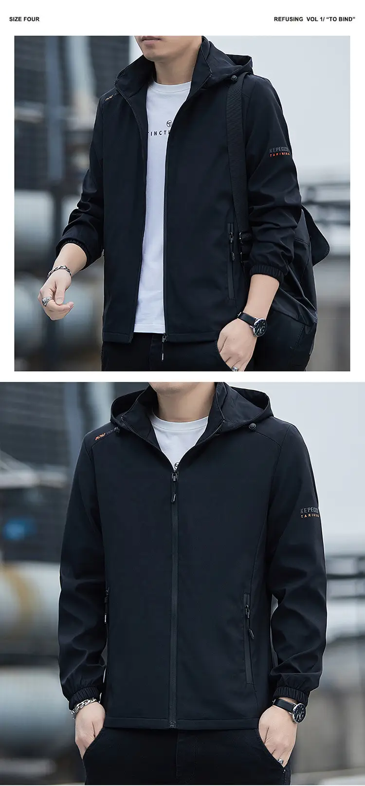 Men's 2023 Hooded Full Zip Jacket Black Korean Style — feature 11