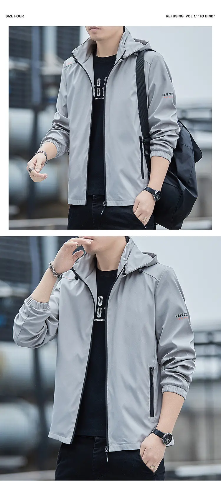 Men's 2023 Hooded Full Zip Jacket Black Korean Style — feature 7