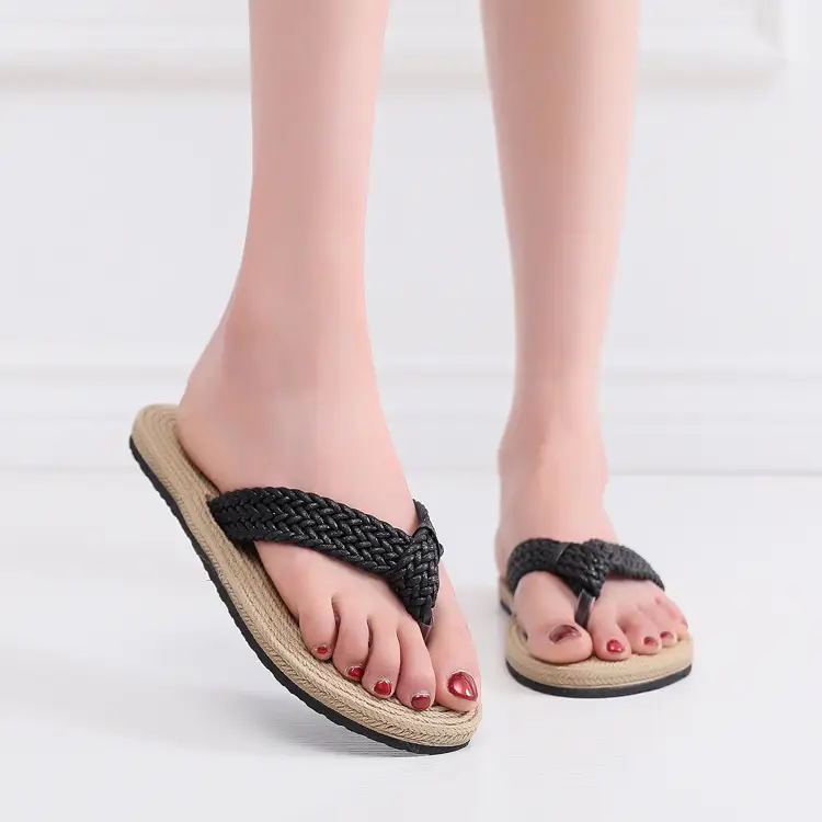 Women's Black Hemp Rope Flip Flops Beach Wear