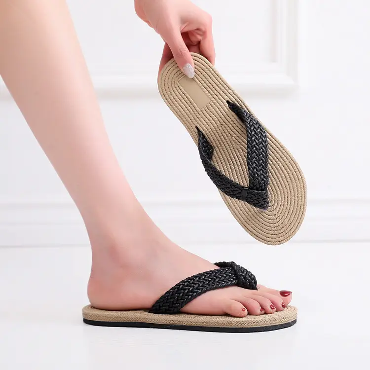 Women's Black Hemp Rope Flip Flops Beach Wear
