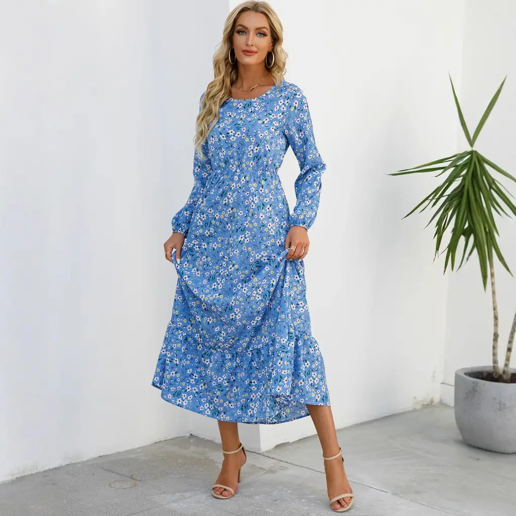 Women Chiffon Printed Skirt Dress Brown Floral Long Sleeve - Image 73