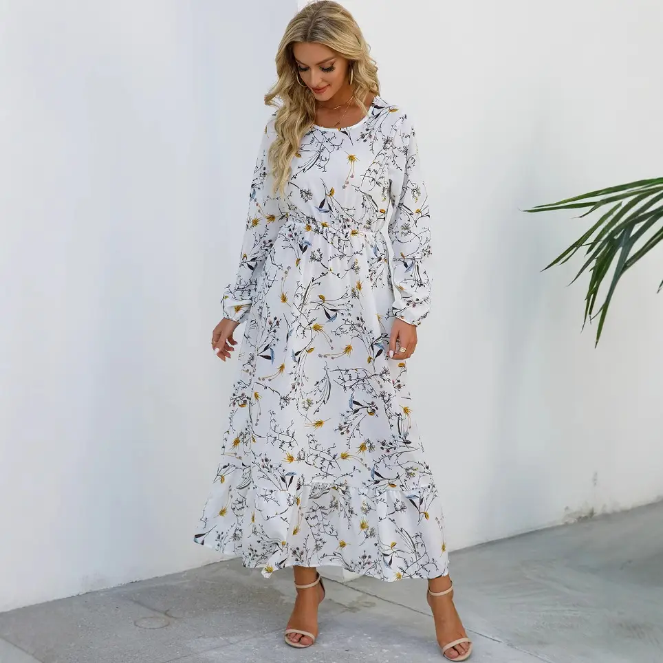 Women Chiffon Printed Skirt Dress Brown Floral Long Sleeve - Image 74